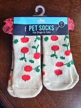 NWT Pawsitively Fun! Cherry Print Dog Cat Pet Socks Non-Slip Grips Size L NEW